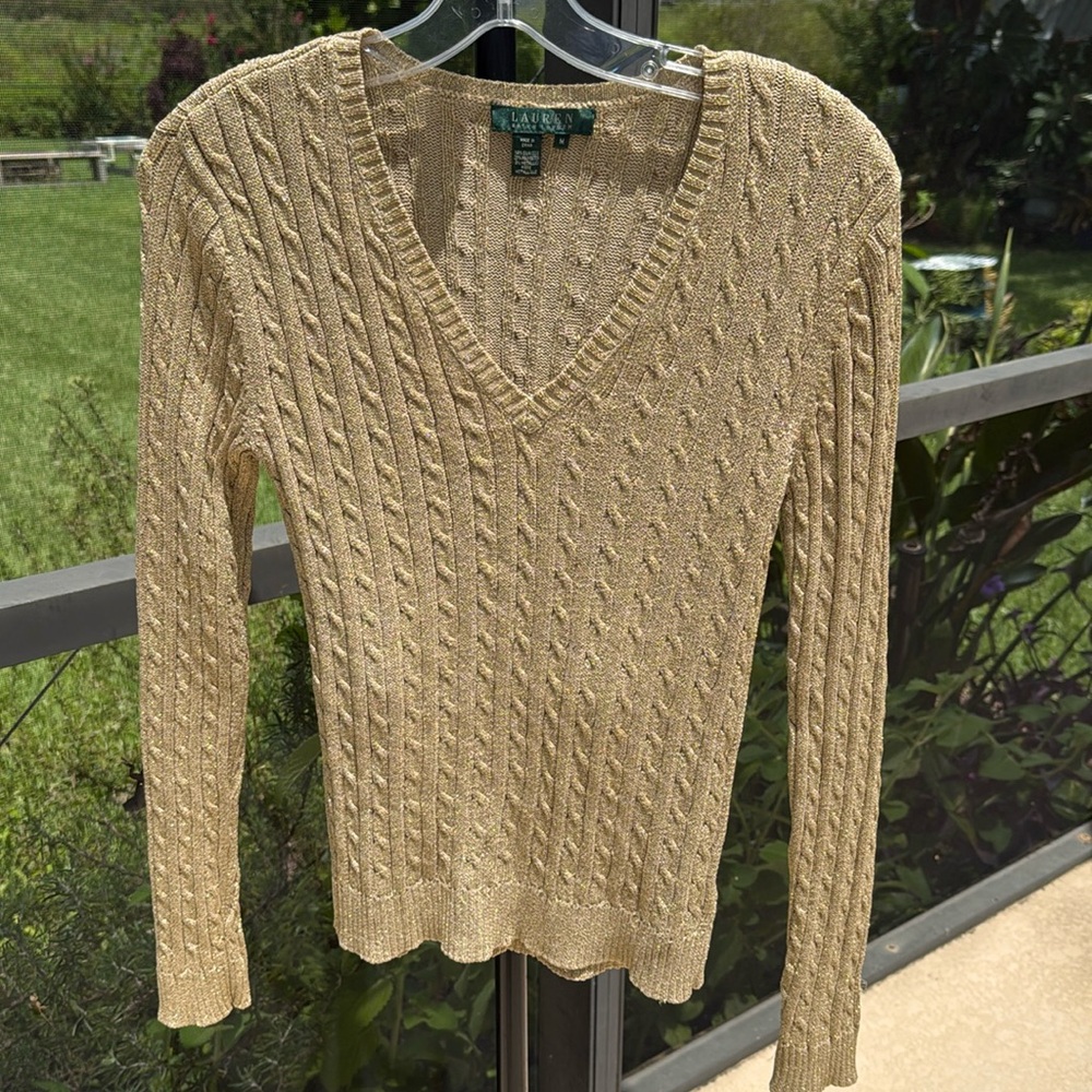 Gold Ralph Lauren cable knit V-Neck Sweater medium